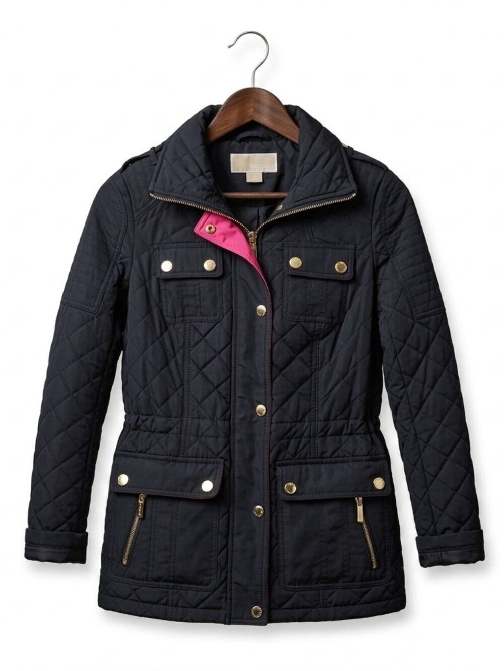 Michael Kors Black Quilted M65 Field Jacket | Pink Trim & Gold Hardware XSP - Picture 1 of 16